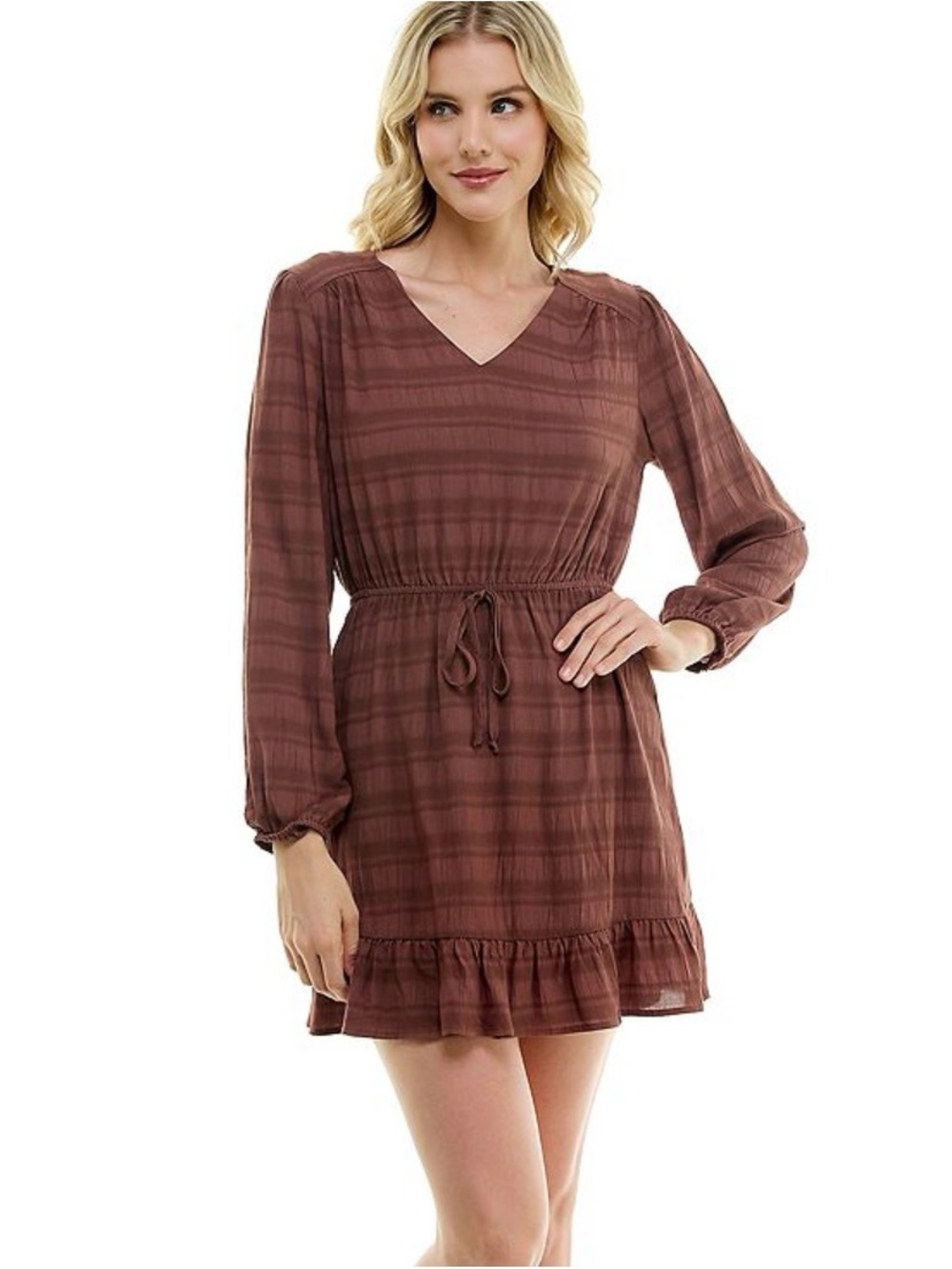 NWT- Women Brown Long Sleeve Tie Waist Drawstring Dress - Size Small
